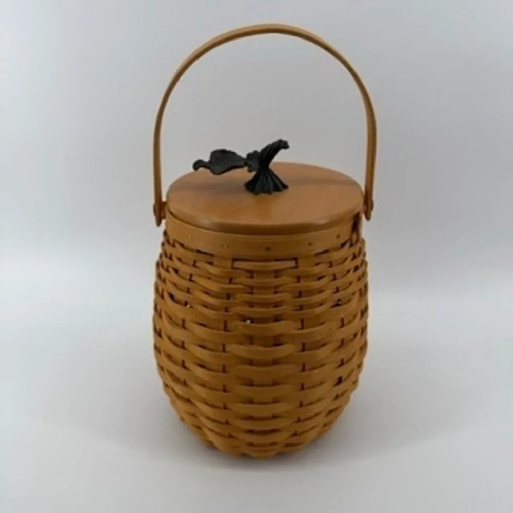 Longaberger Woodcrafts Woven Barrel Basket with Wood Lid and Metal Leaf Handle